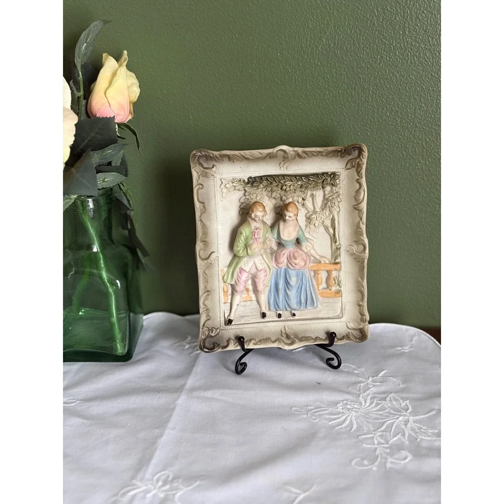 Vintage Bisque Porcelain Courting Couple Plaque, 3D Wall Decor